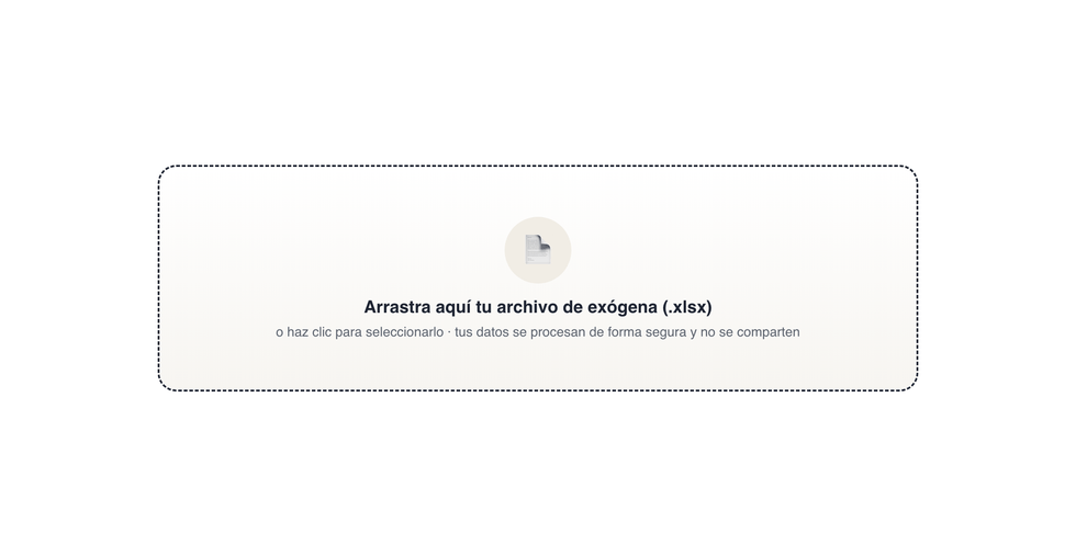 Demostración: arrastras tu exógena, aparece tu resultado con el valor estimado y la fecha límite, y eliges cómo pagar